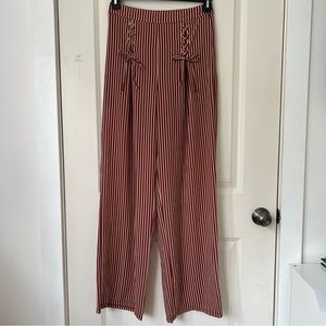 Maroon & Cream Striped Pants with Lace Up Bow Detail